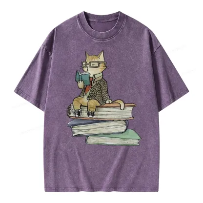 Pagewings Reading Cat Unisex Washed T-shirt