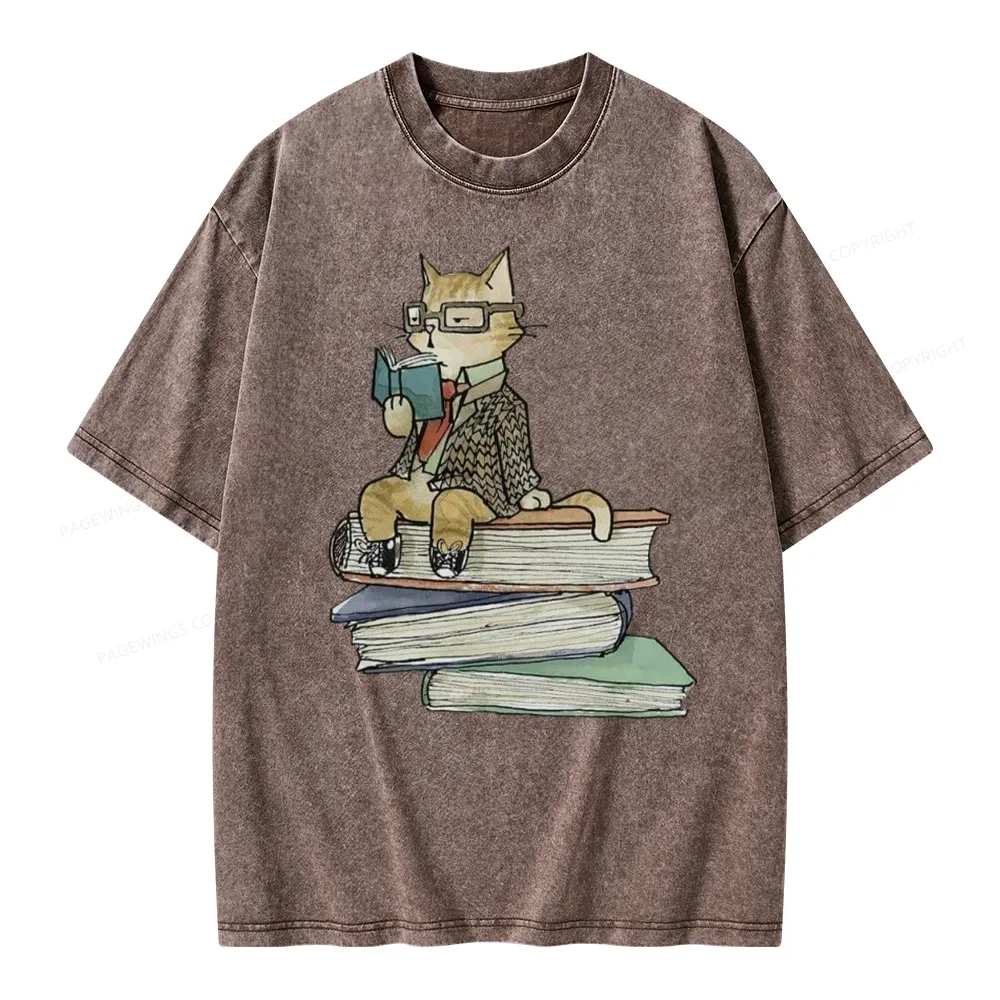 Pagewings Reading Cat Unisex Washed T-shirt