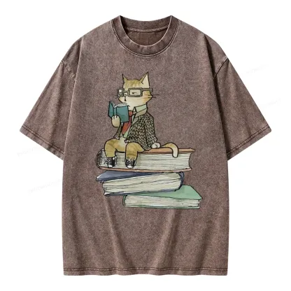 Pagewings Reading Cat Unisex Washed T-shirt