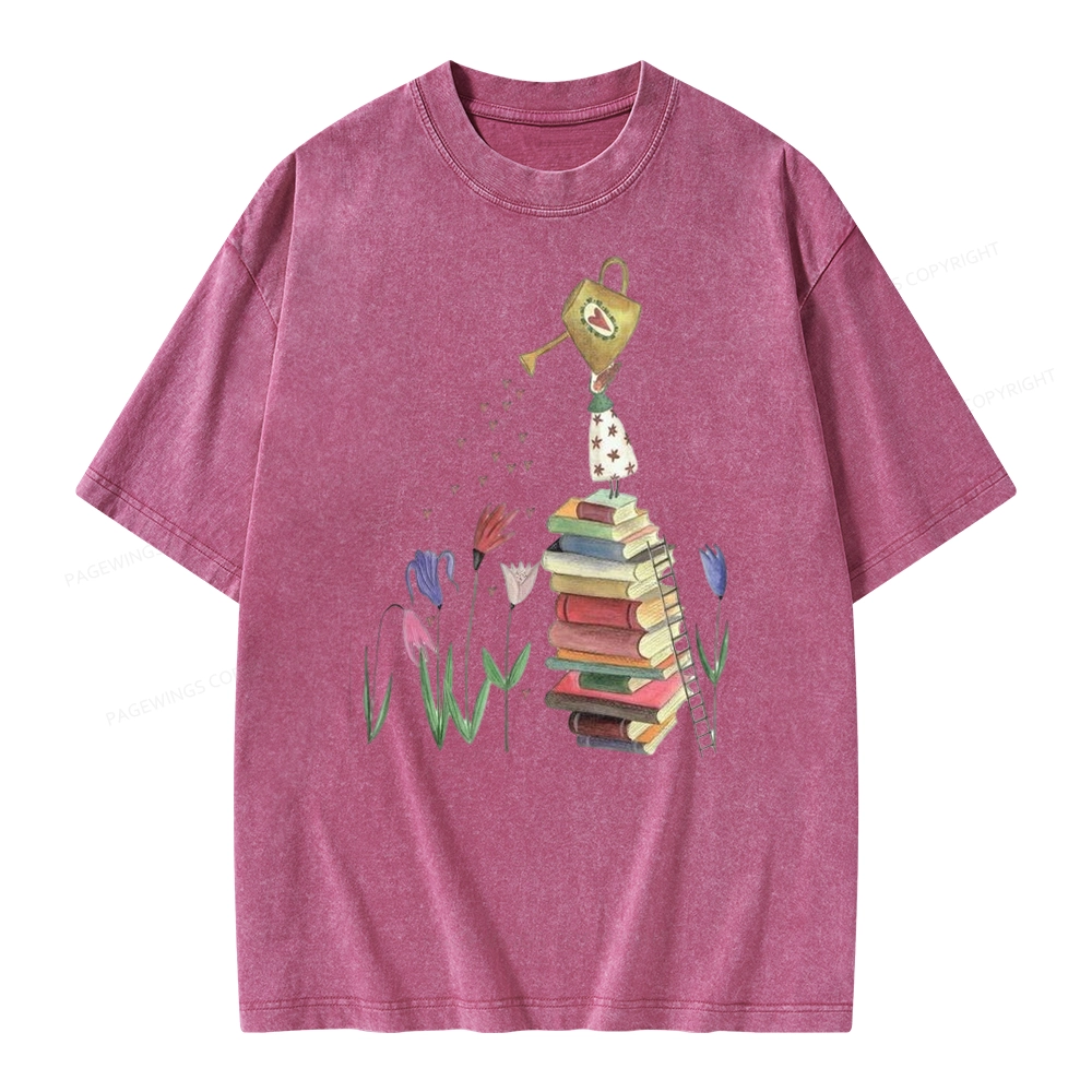 Pagewings Reading Girl Waters Flowers Unisex Washed T-shirt