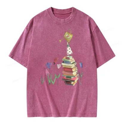 Pagewings Reading Girl Waters Flowers Unisex Washed T-shirt