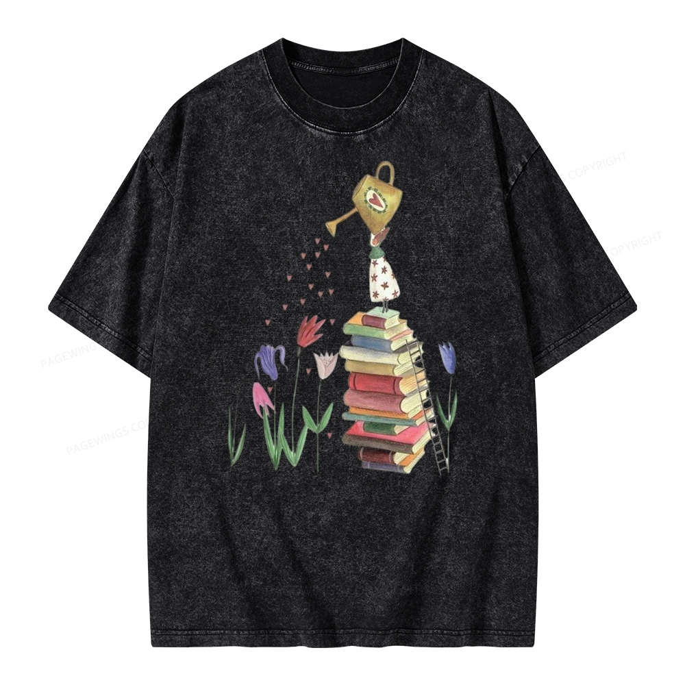 Pagewings Reading Girl Waters Flowers Unisex Washed T-shirt
