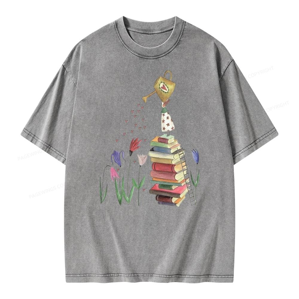 Pagewings Reading Girl Waters Flowers Unisex Washed T-shirt