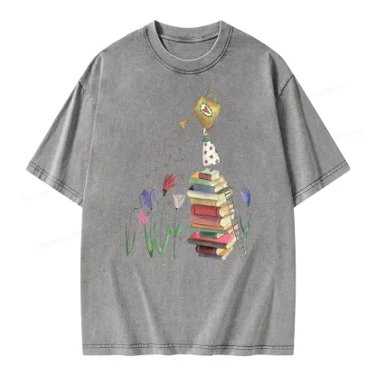 Pagewings Reading Girl Waters Flowers Unisex Washed T-shirt