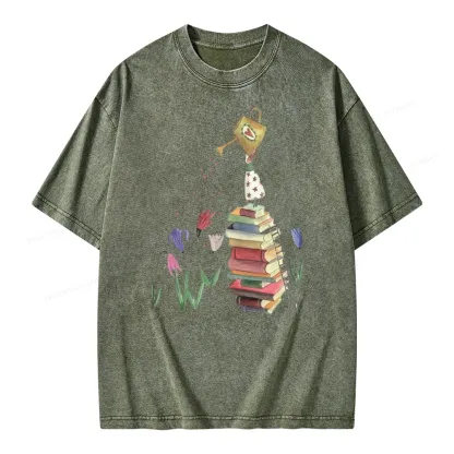 Pagewings Reading Girl Waters Flowers Unisex Washed T-shirt