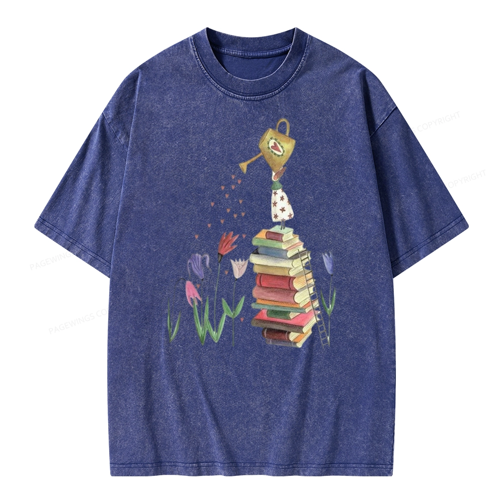 Pagewings Reading Girl Waters Flowers Unisex Washed T-shirt