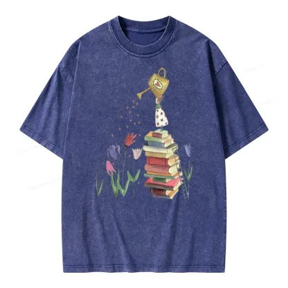 Pagewings Reading Girl Waters Flowers Unisex Washed T-shirt