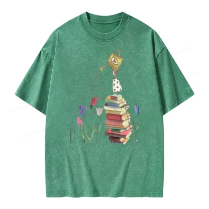 Pagewings Reading Girl Waters Flowers Unisex Washed T-shirt