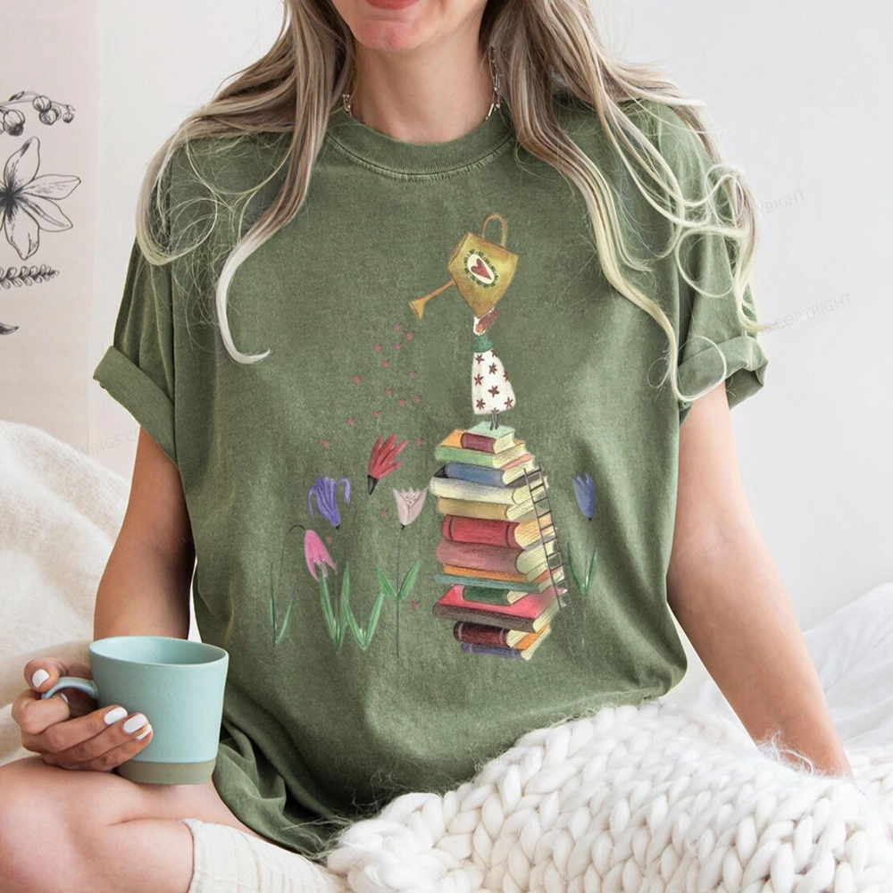 Pagewings Reading Girl Waters Flowers Unisex Washed T-shirt