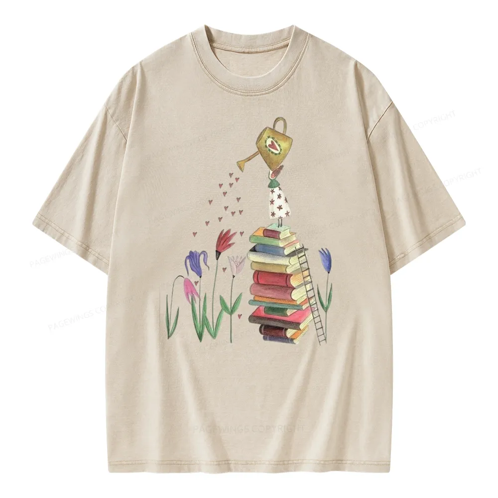 Pagewings Reading Girl Waters Flowers Unisex Washed T-shirt