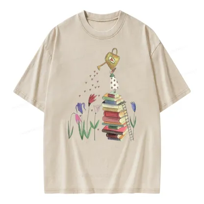 Pagewings Reading Girl Waters Flowers Unisex Washed T-shirt