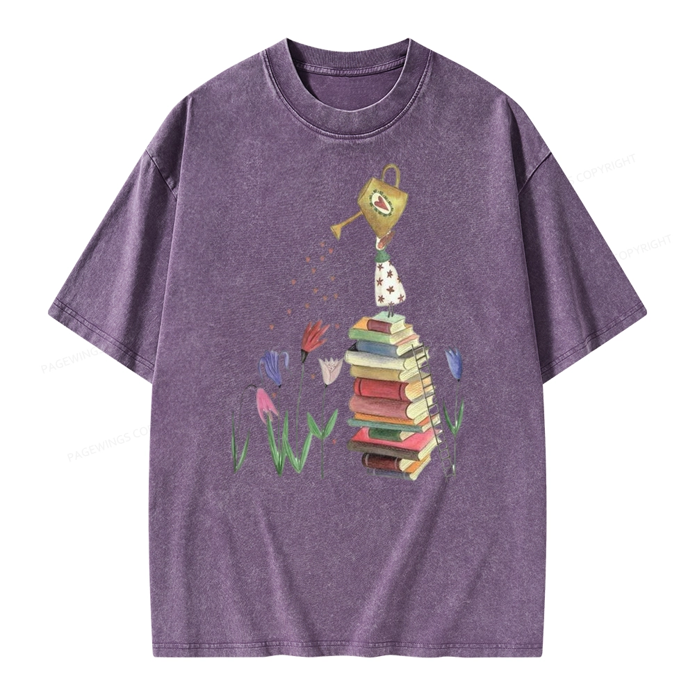 Pagewings Reading Girl Waters Flowers Unisex Washed T-shirt