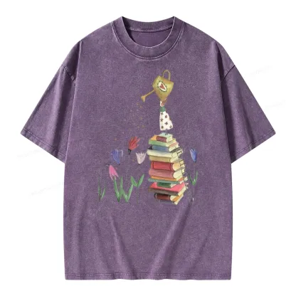 Pagewings Reading Girl Waters Flowers Unisex Washed T-shirt
