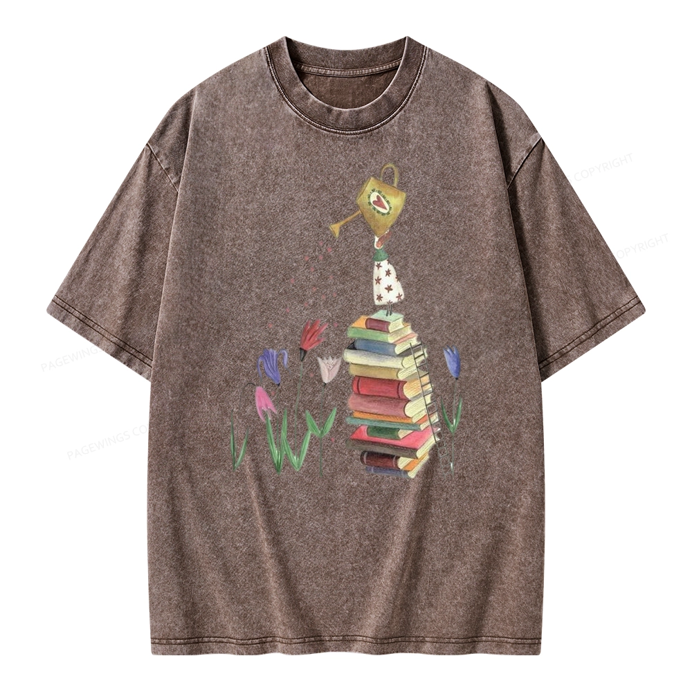 Pagewings Reading Girl Waters Flowers Unisex Washed T-shirt