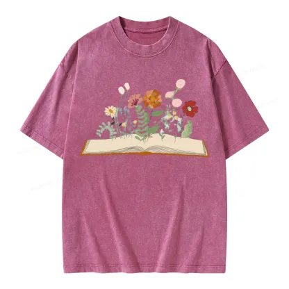 Pagewings Flowers And Books Unisex Washed T-shirt