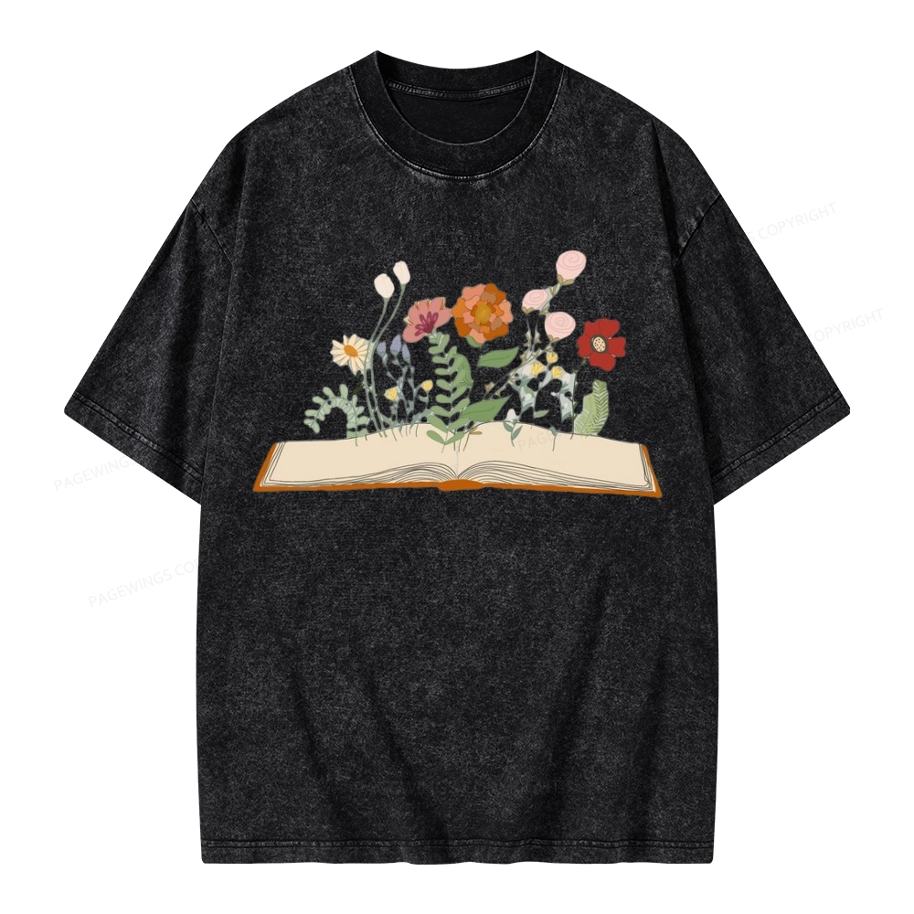 Pagewings Flowers And Books Unisex Washed T-shirt