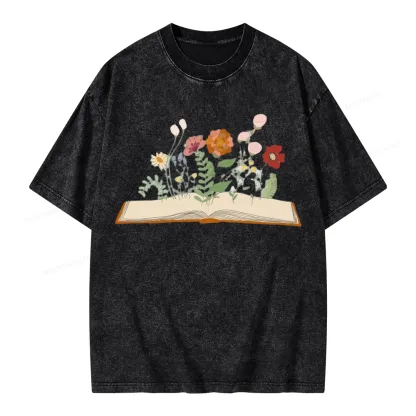 Pagewings Flowers And Books Unisex Washed T-shirt