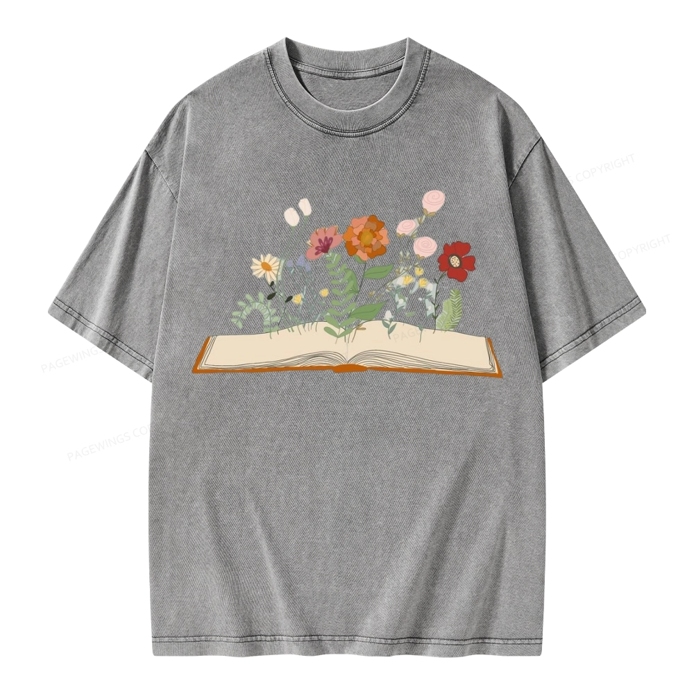 Pagewings Flowers And Books Unisex Washed T-shirt