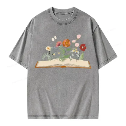 Pagewings Flowers And Books Unisex Washed T-shirt