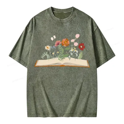 Pagewings Flowers And Books Unisex Washed T-shirt