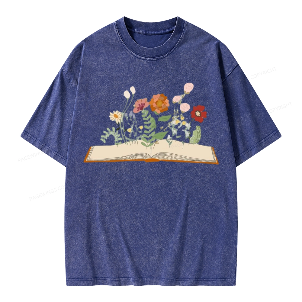 Pagewings Flowers And Books Unisex Washed T-shirt