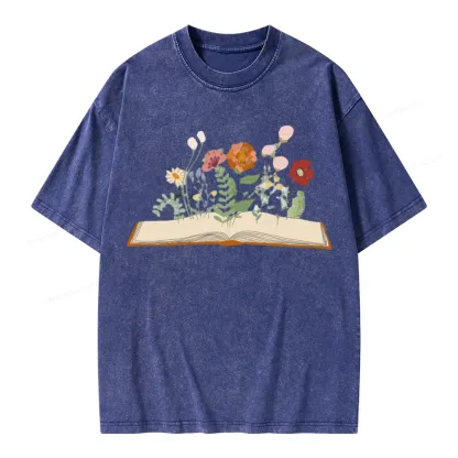 Pagewings Flowers And Books Unisex Washed T-shirt