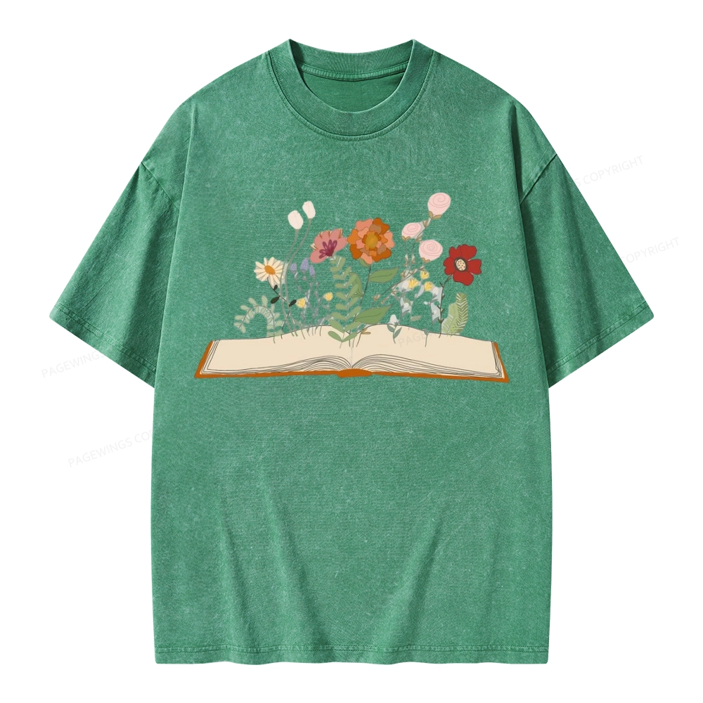 Pagewings Flowers And Books Unisex Washed T-shirt