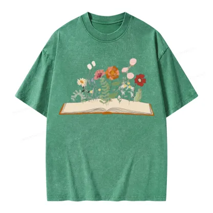 Pagewings Flowers And Books Unisex Washed T-shirt