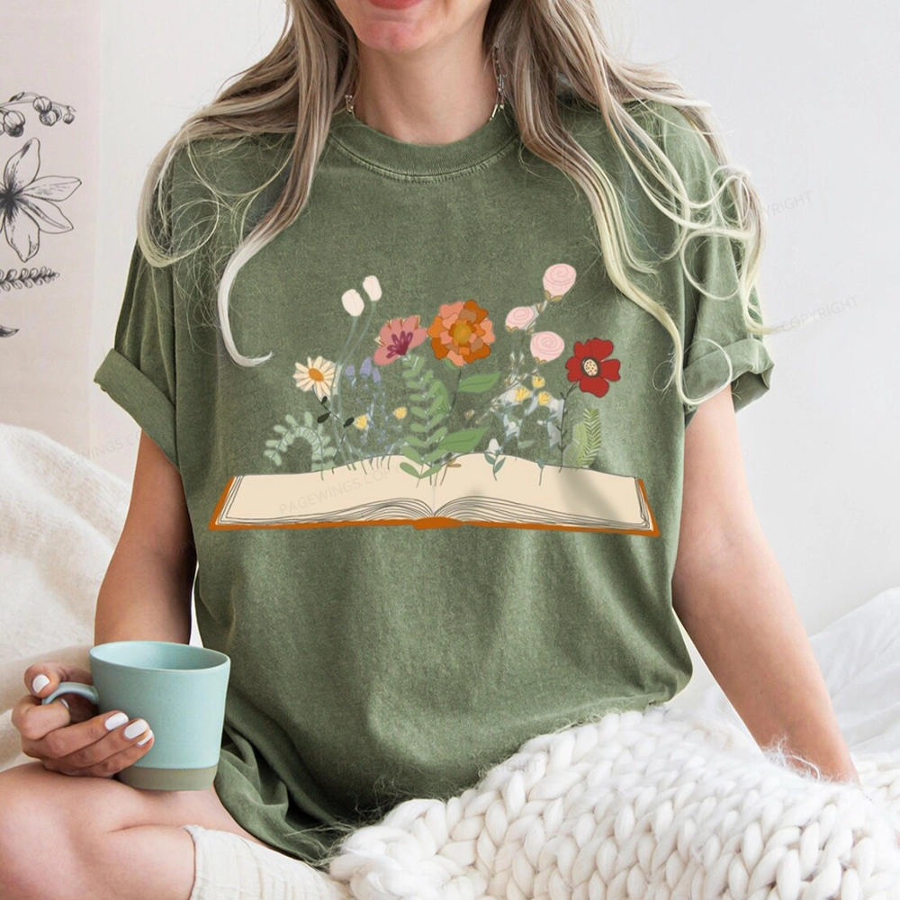 Pagewings Flowers And Books Unisex Washed T-shirt