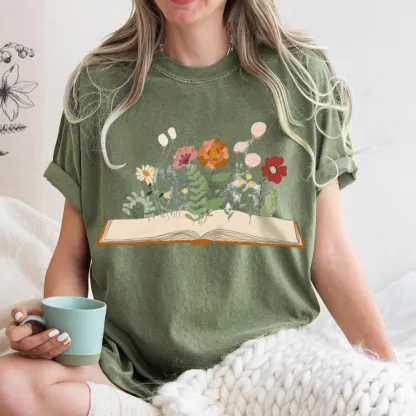 Pagewings Flowers And Books Unisex Washed T-shirt