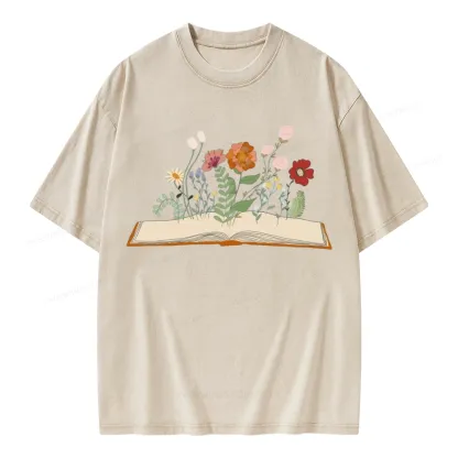 Pagewings Flowers And Books Unisex Washed T-shirt