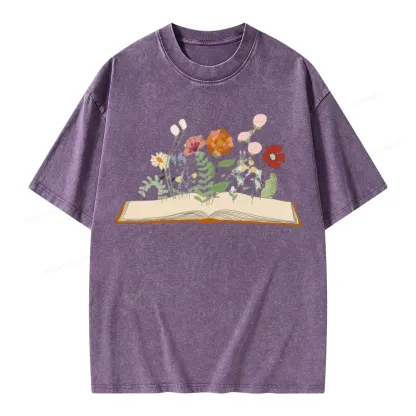 Pagewings Flowers And Books Unisex Washed T-shirt