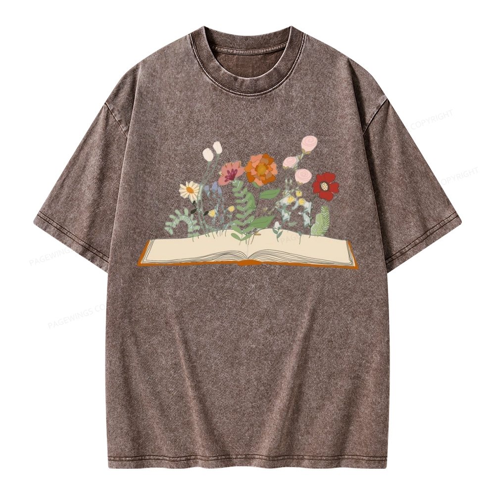 Pagewings Flowers And Books Unisex Washed T-shirt