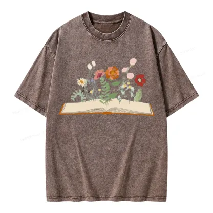 Pagewings Flowers And Books Unisex Washed T-shirt
