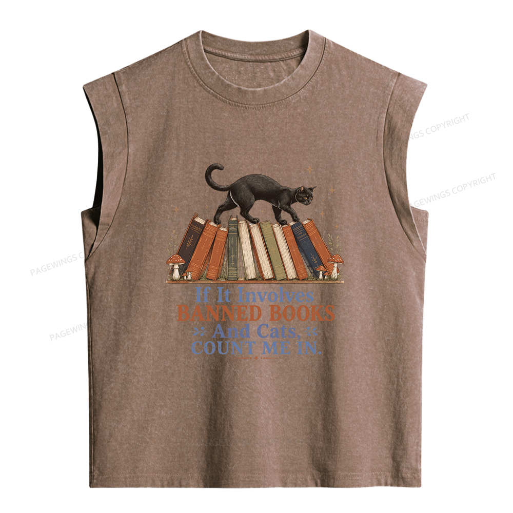Pagewings Cat Read Banned Books Women's Washed Tank Top