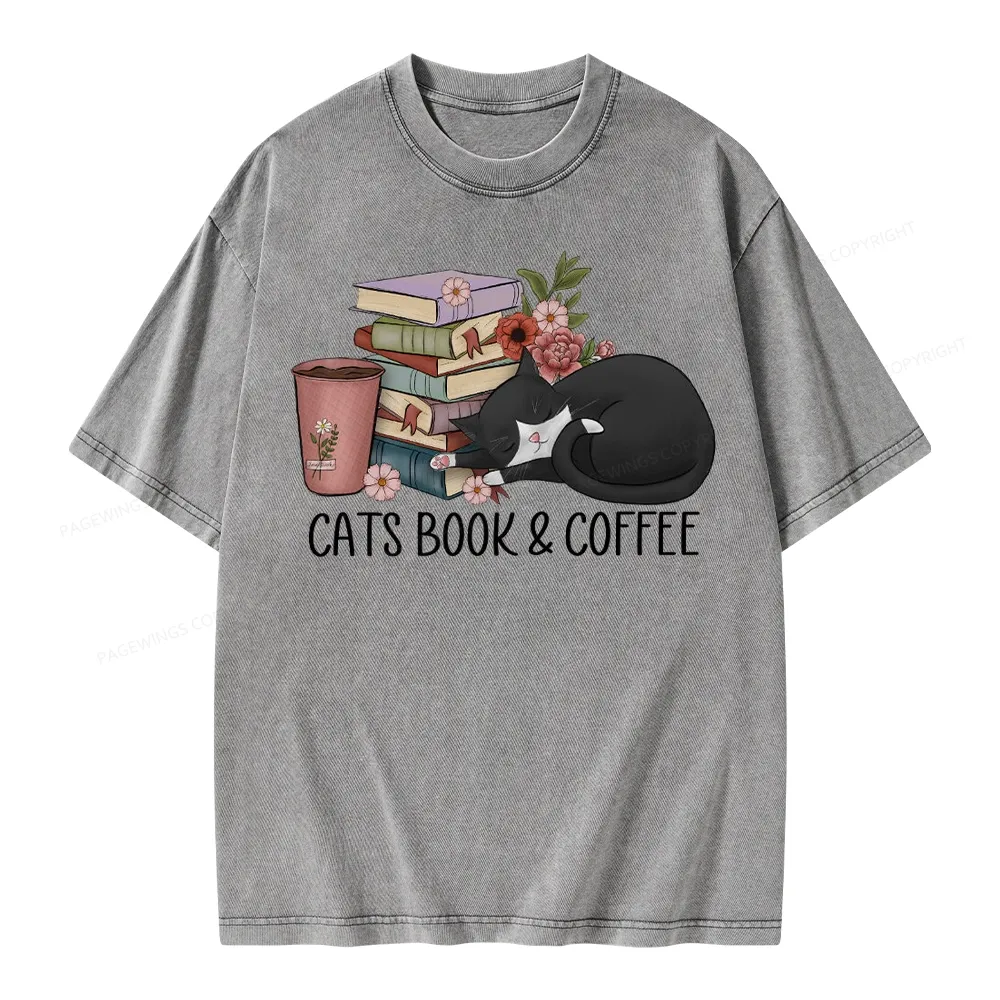 Pagewings Cats Book And Coffee Unisex Washed T-shirt