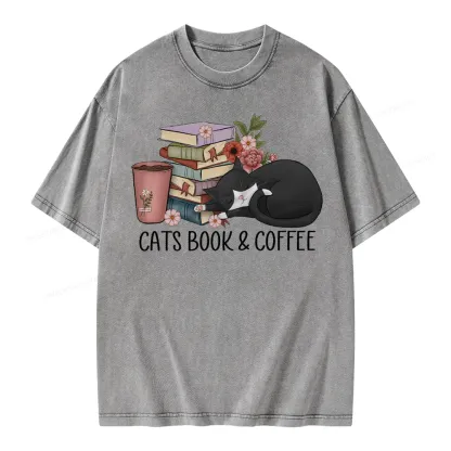 Pagewings Cats Book And Coffee Unisex Washed T-shirt