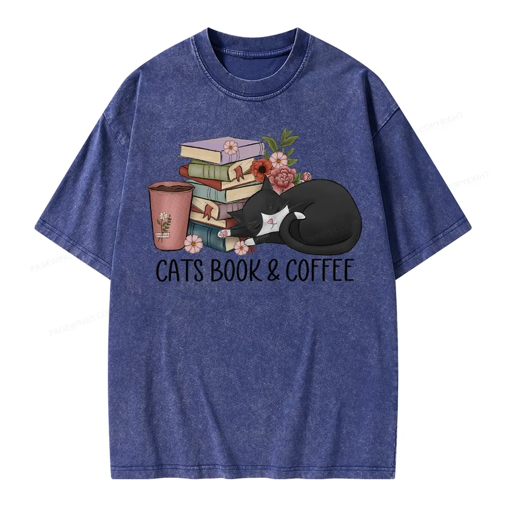 Pagewings Cats Book And Coffee Unisex Washed T-shirt