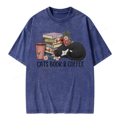 Pagewings Cats Book And Coffee Unisex Washed T-shirt