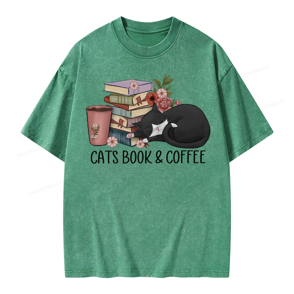 Pagewings Cats Book And Coffee Unisex Washed T-shirt