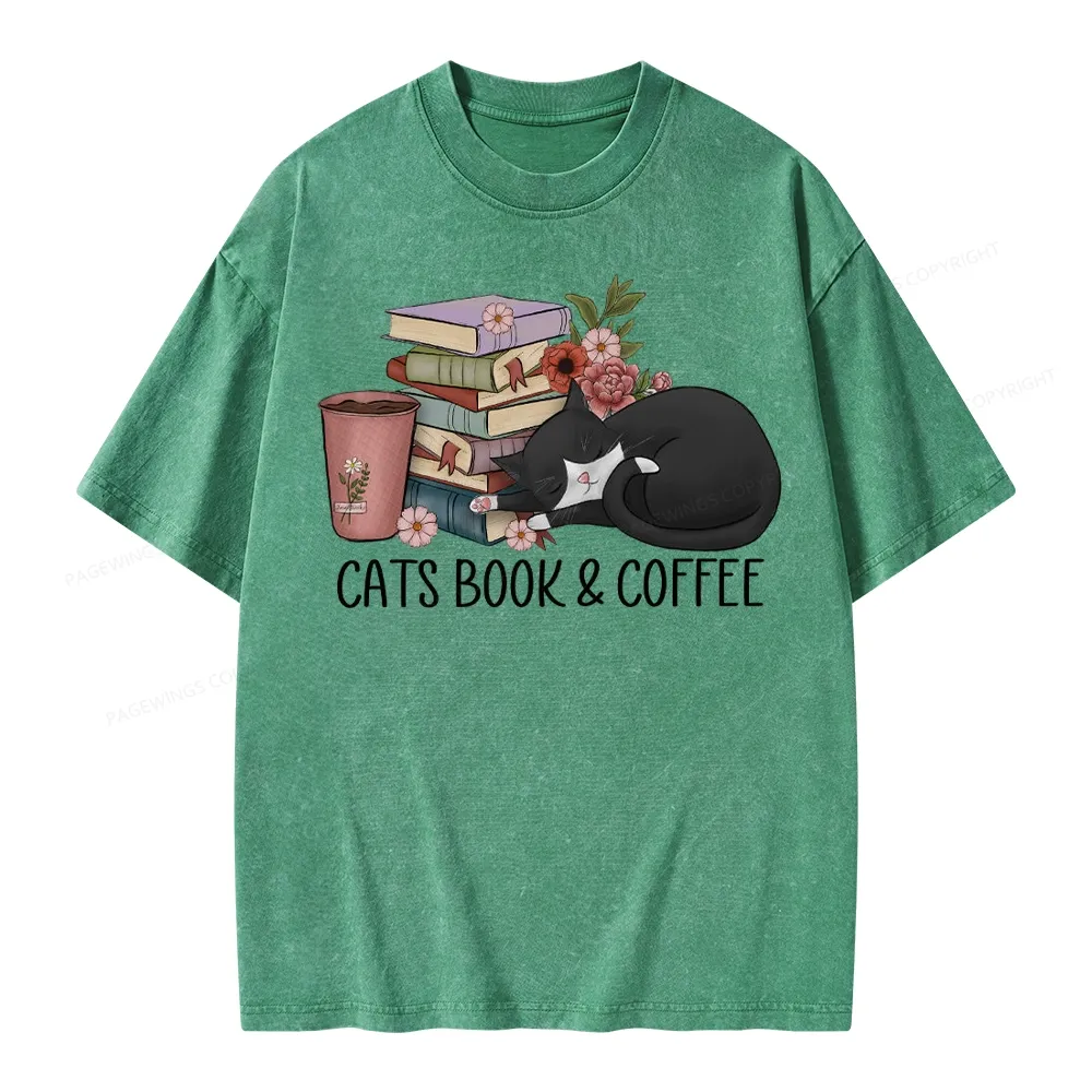 Pagewings Cats Book And Coffee Unisex Washed T-shirt