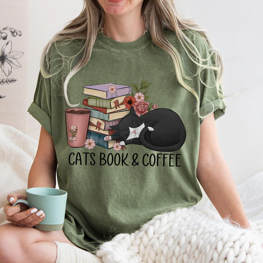 Pagewings Cats Book And Coffee Unisex Washed T-shirt