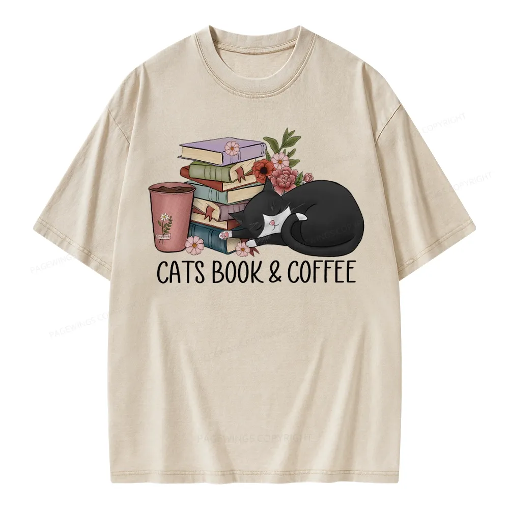 Pagewings Cats Book And Coffee Unisex Washed T-shirt