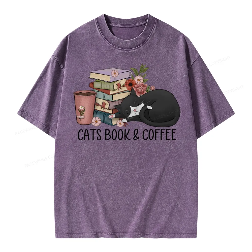 Pagewings Cats Book And Coffee Unisex Washed T-shirt