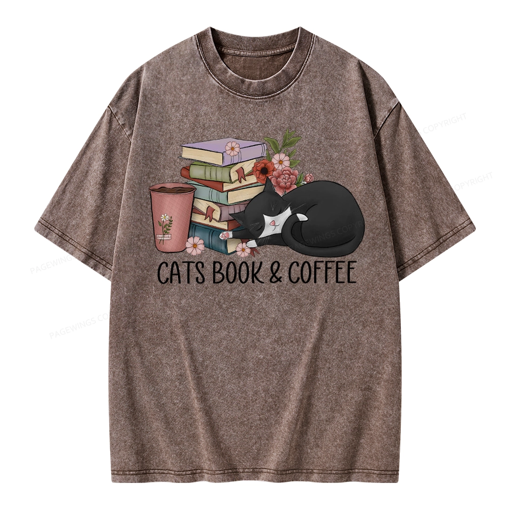 Pagewings Cats Book And Coffee Unisex Washed T-shirt