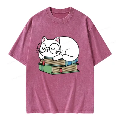 Pagewings Cat Book Reading Unisex Washed T-shirt