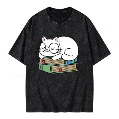 Pagewings Cat Book Reading Unisex Washed T-shirt