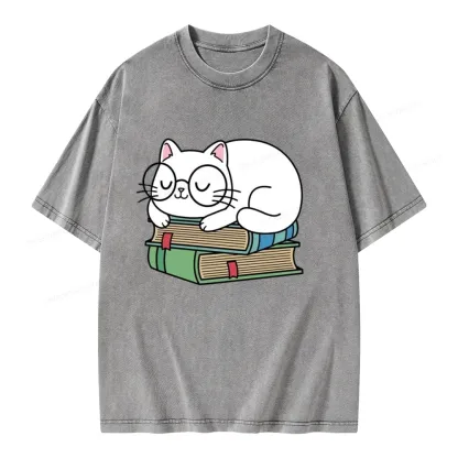 Pagewings Cat Book Reading Unisex Washed T-shirt