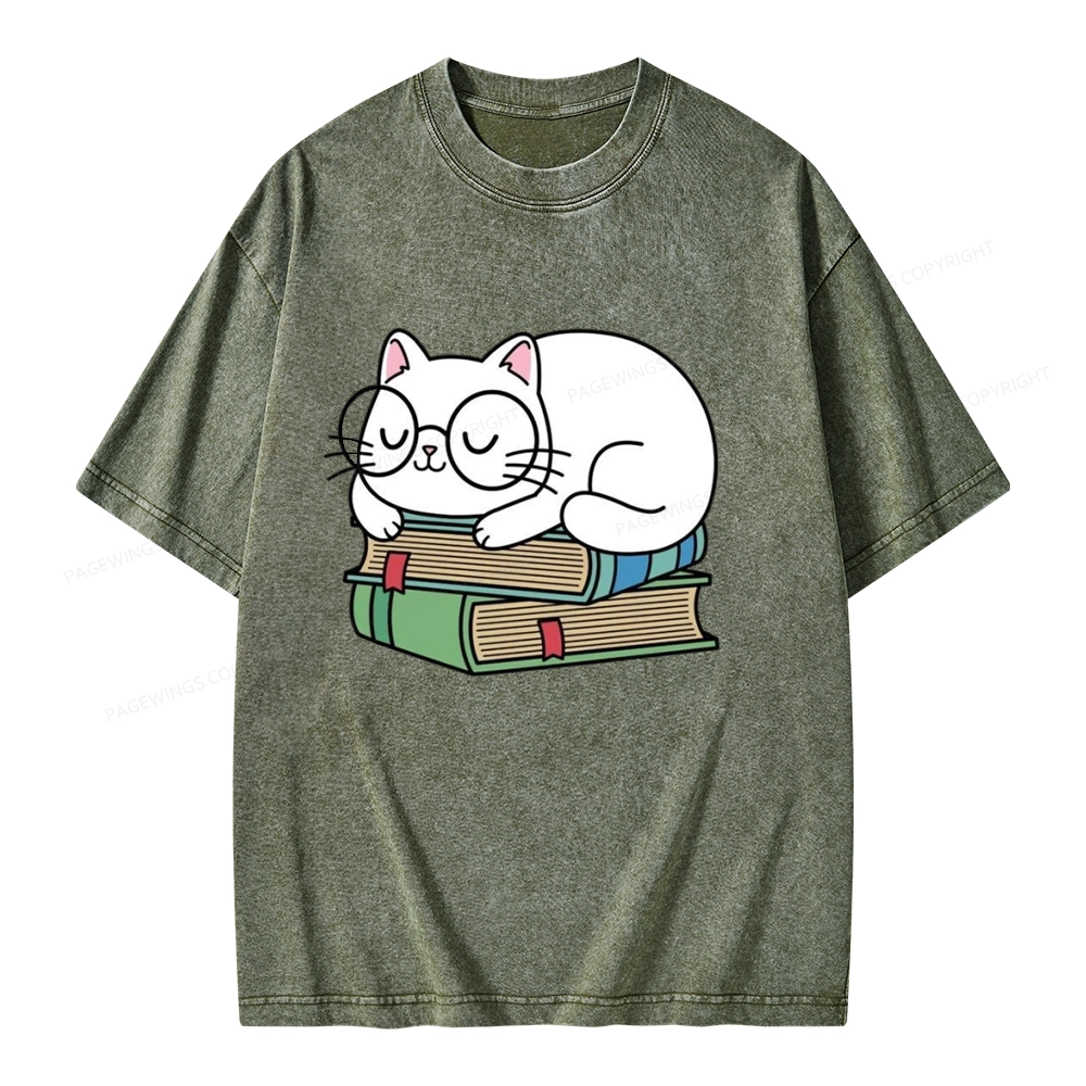 Pagewings Cat Book Reading Unisex Washed T-shirt