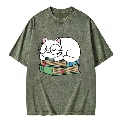 Pagewings Cat Book Reading Unisex Washed T-shirt